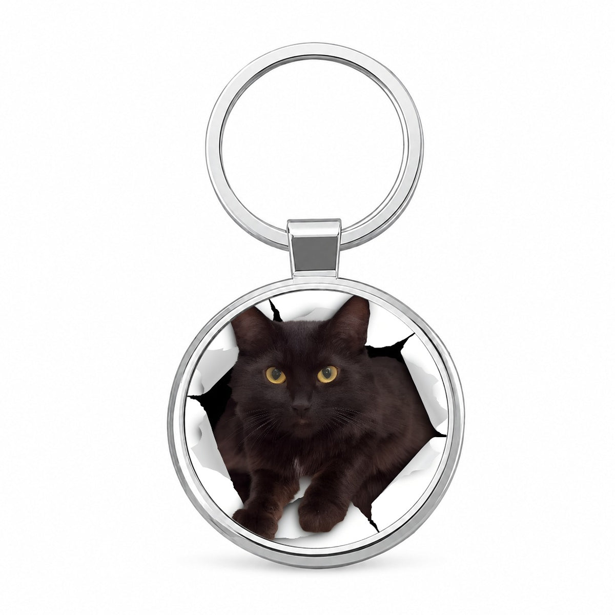 Black Cat Breakout Round Metal Keychain
