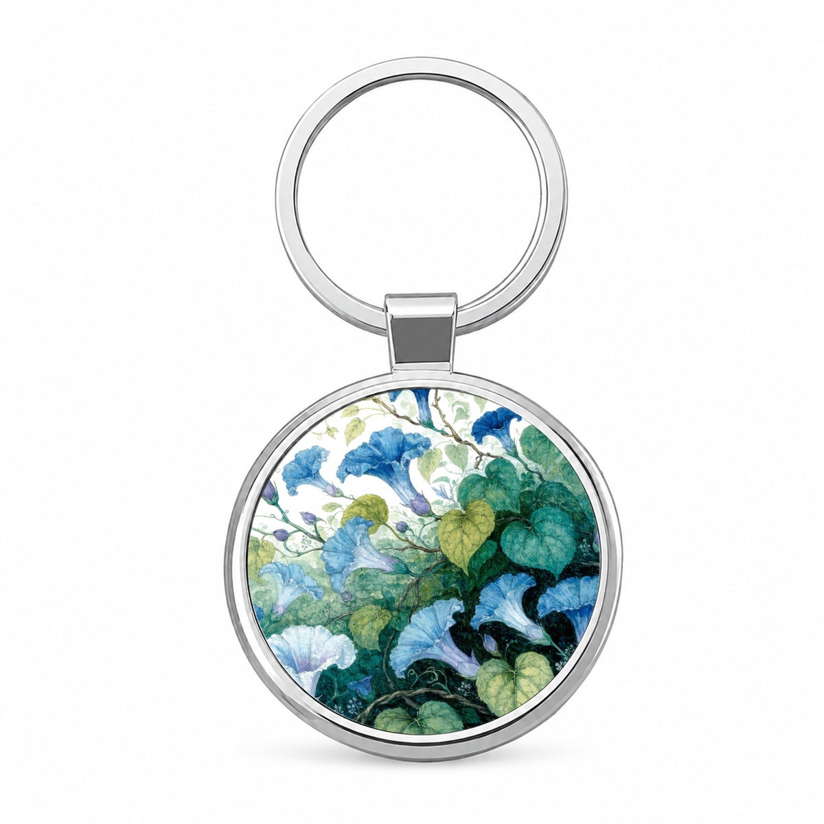 Blue Morning Glory Vines Round Metal Keychain
