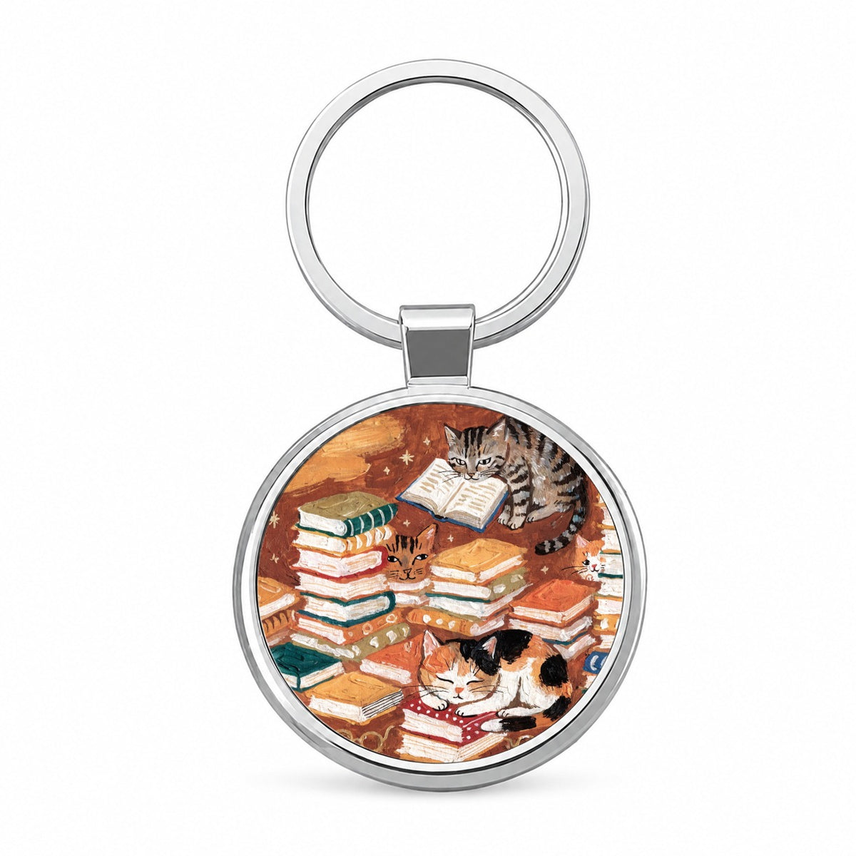 Bookish Cozy Cats Sleeping Reading Round Metal Keychain