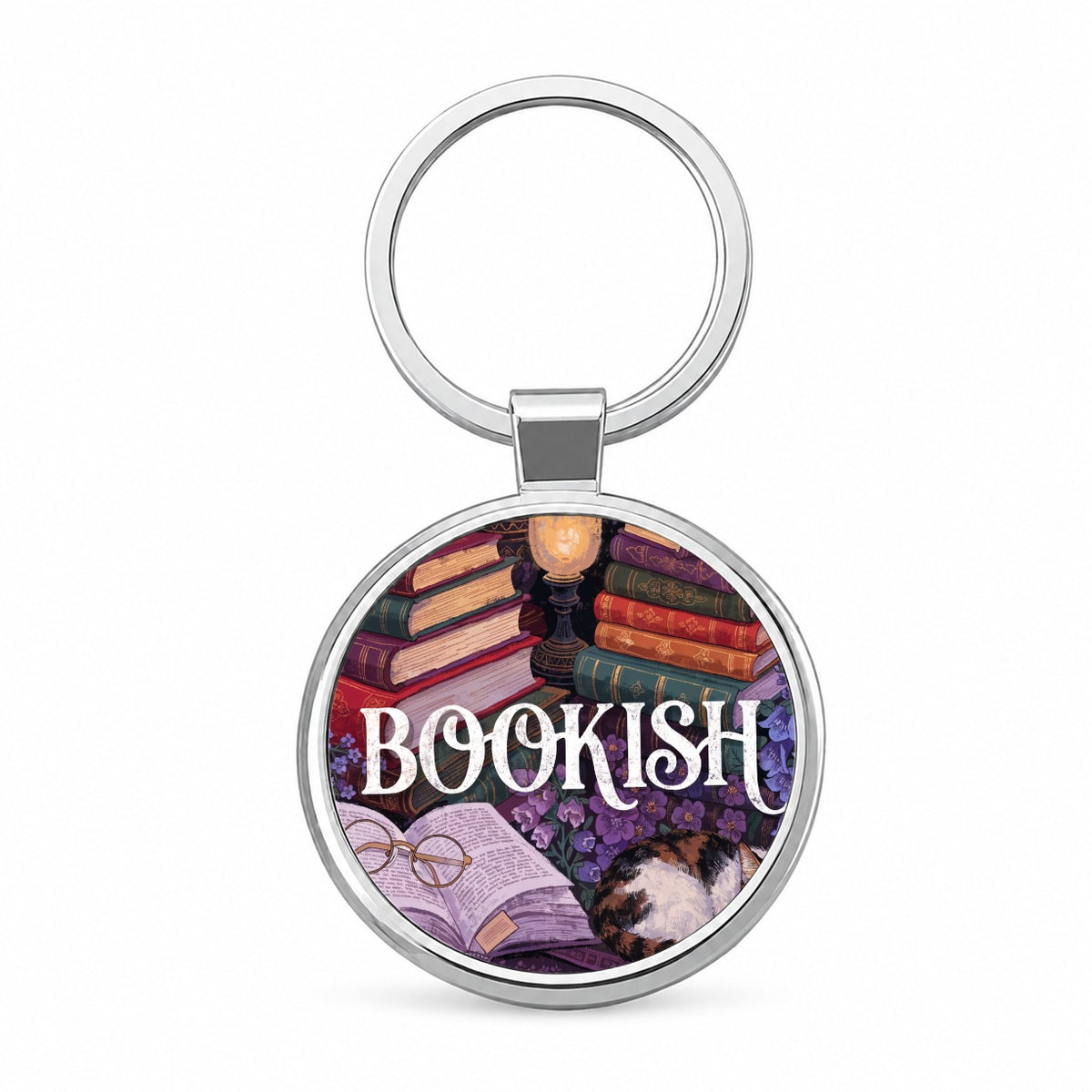 Bookish Reading Books Cat Round Metal Keychain
