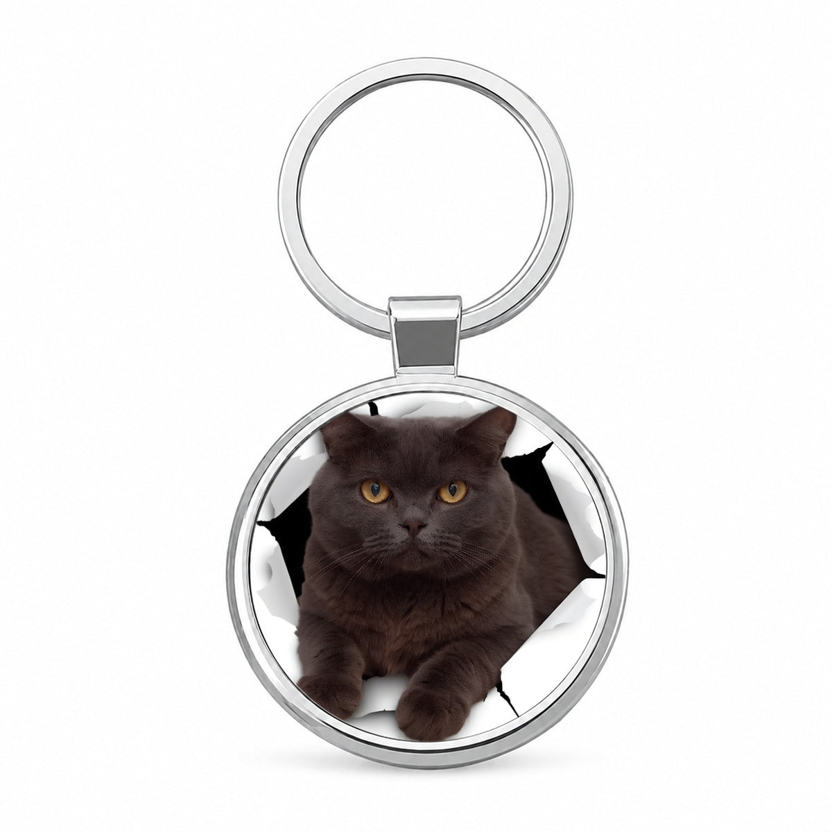 British Shorthair Cat Breakout Round Metal Keychain