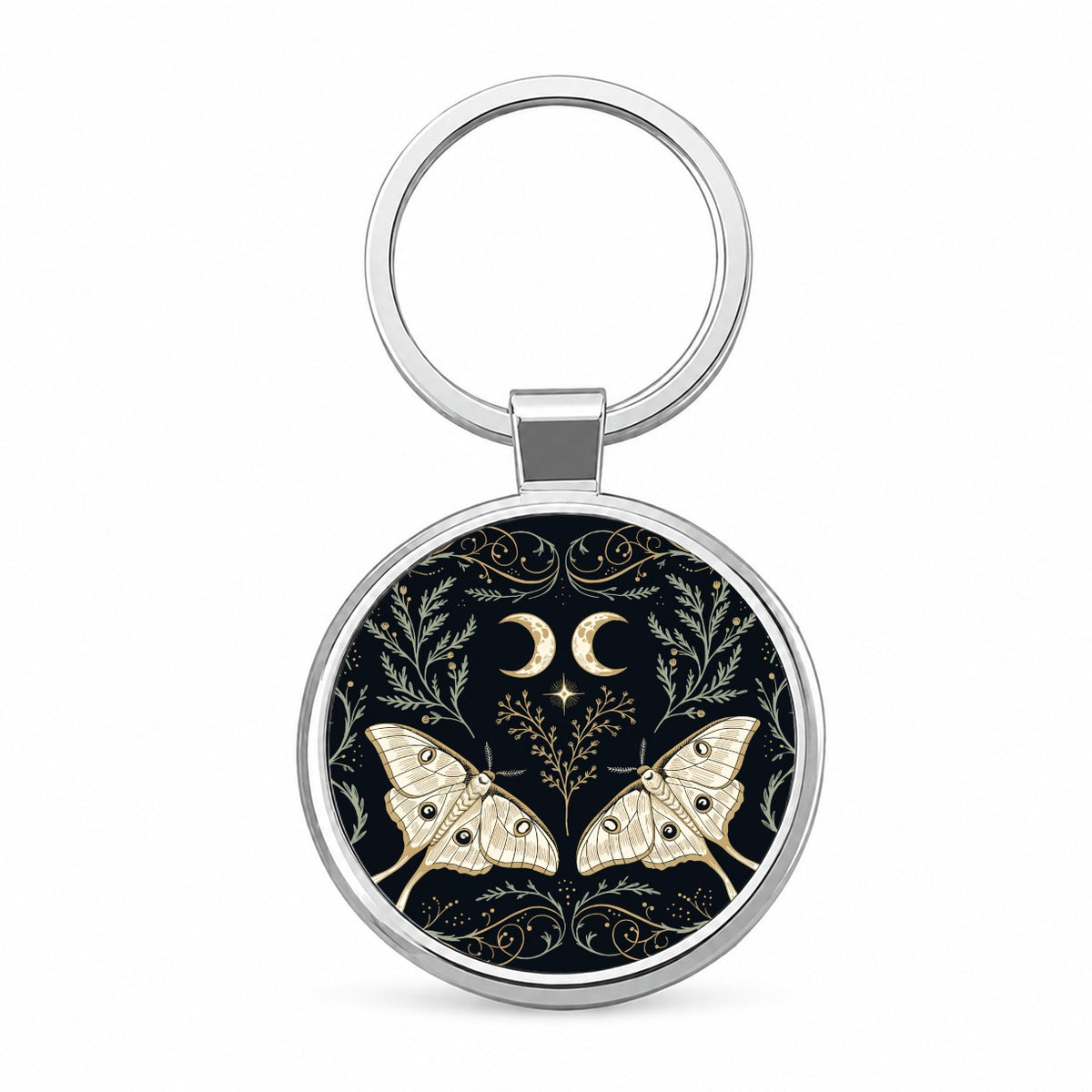 Celestial Moths Crescent Moons Round Metal Keychain