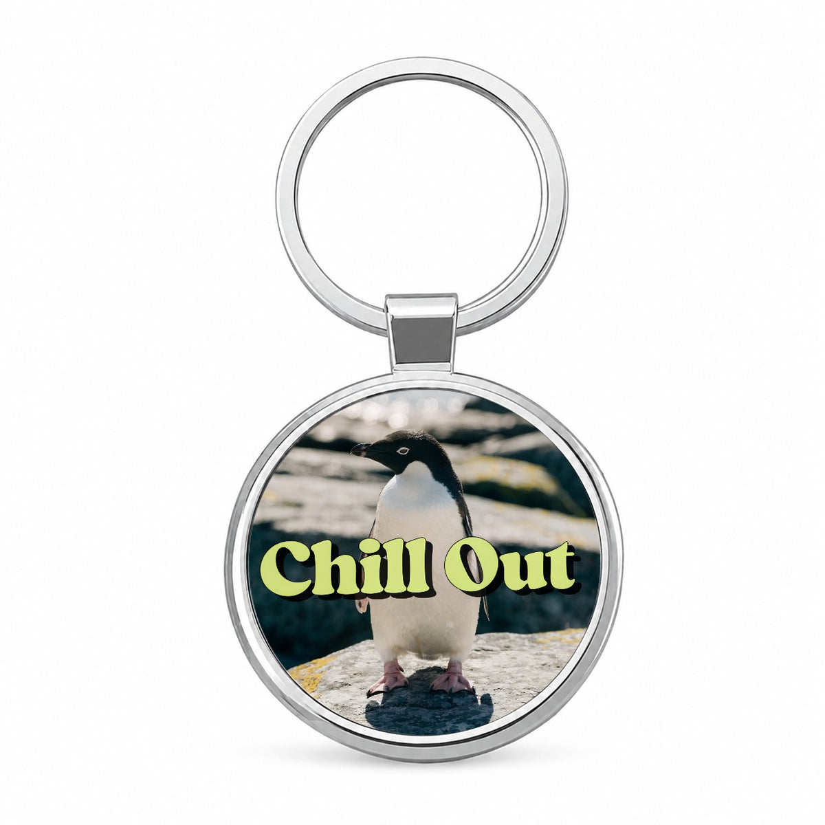 Chill Out Penguin Funny Round Metal Keychain