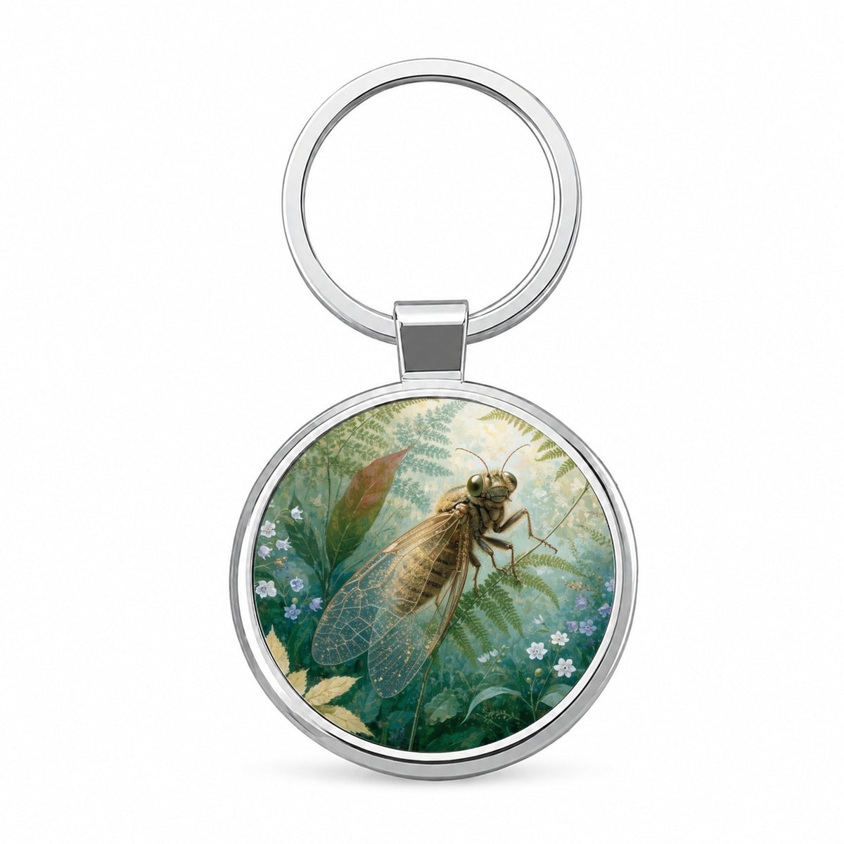 Cicada Summer Botanical Round Metal Keychain