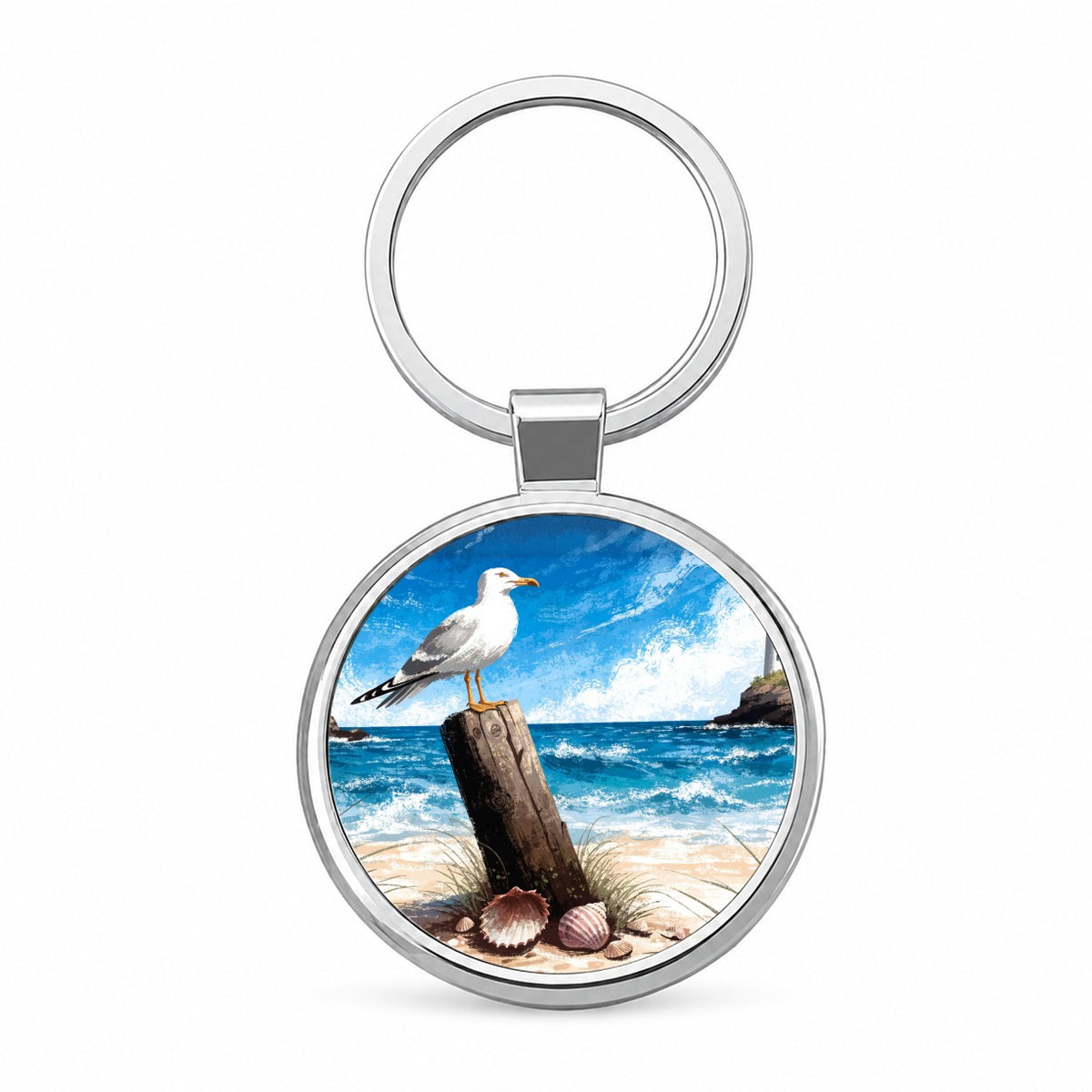 Coastal Seagull Beach Scene Round Metal Keychain