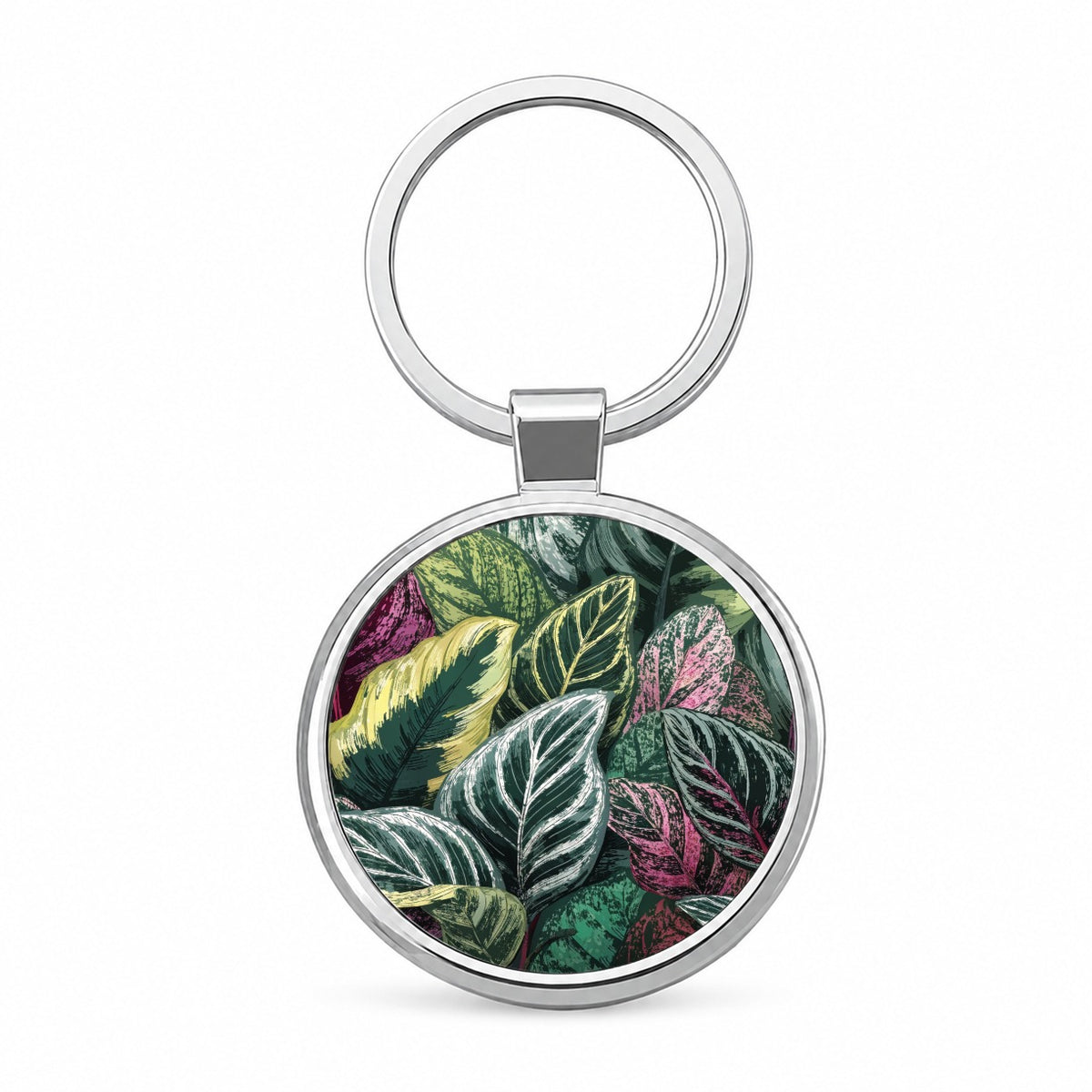 Colorful Calathea Leaves Round Metal Keychain