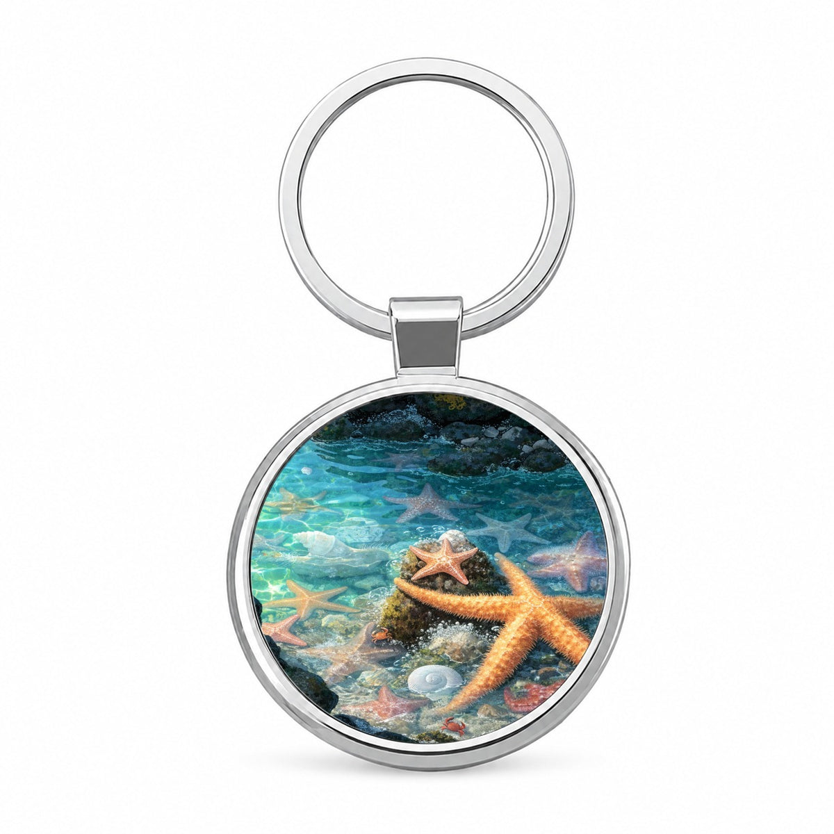 Colorful Coastal Tide Pool Round Metal Keychain