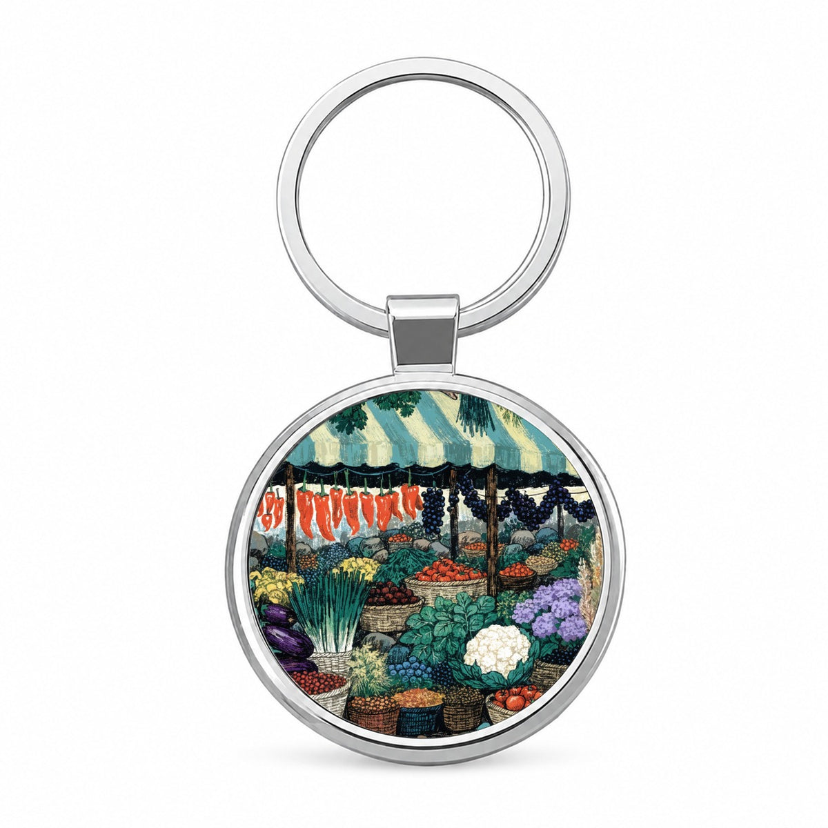 Colorful Farmers Market Round Metal Keychain