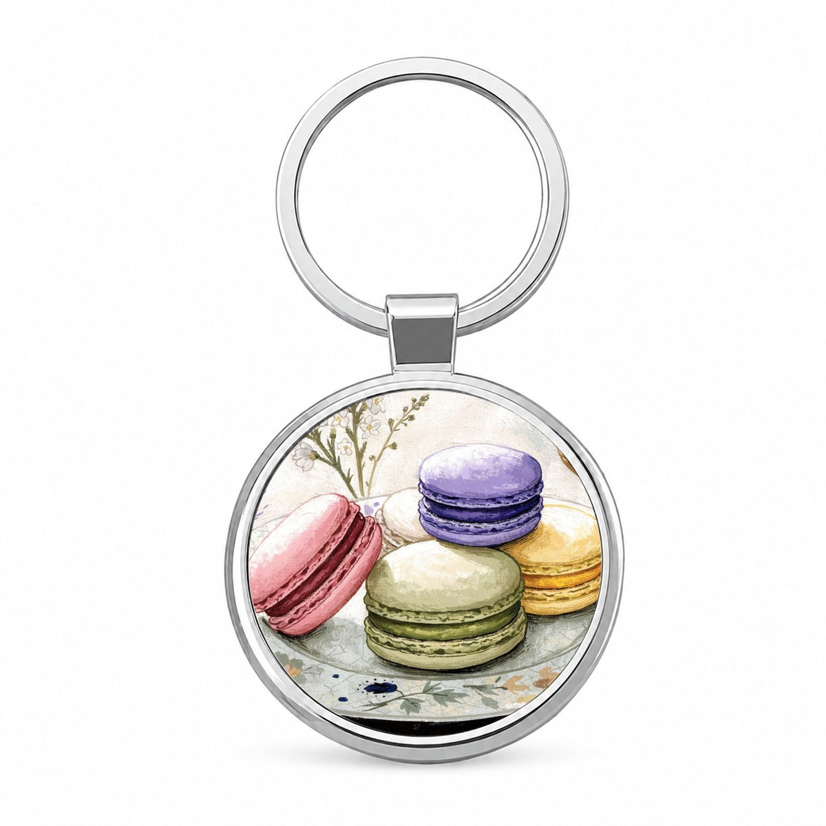 Colorful Macaron Patisserie Round Metal Keychain