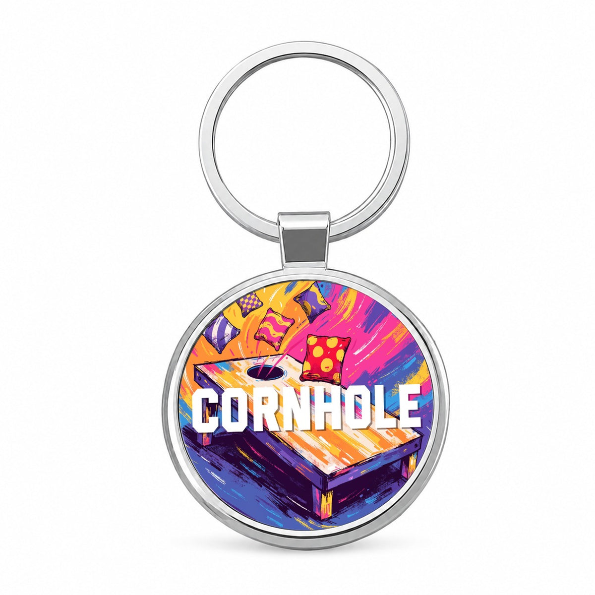 Cornhole Game Round Metal Keychain