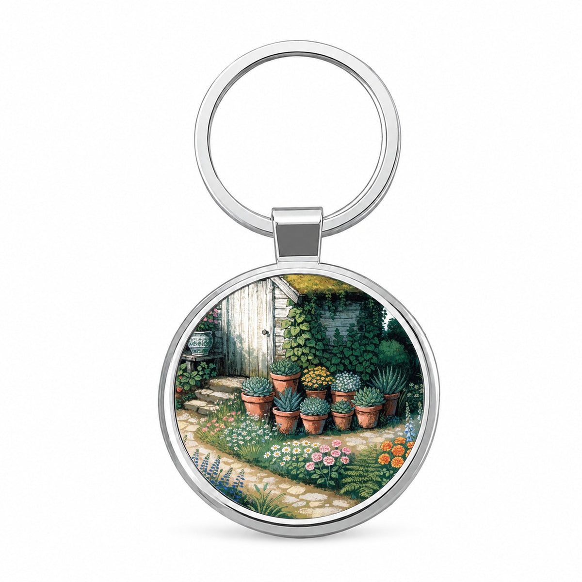 Cottage Garden Shed Round Metal Keychain