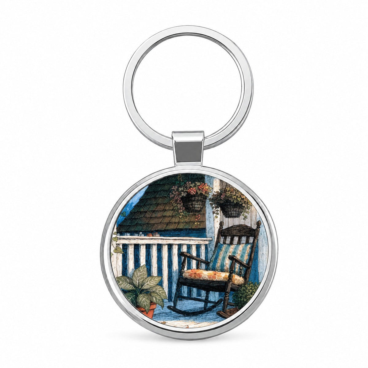 Cozy Cottage Porch Round Metal Keychain