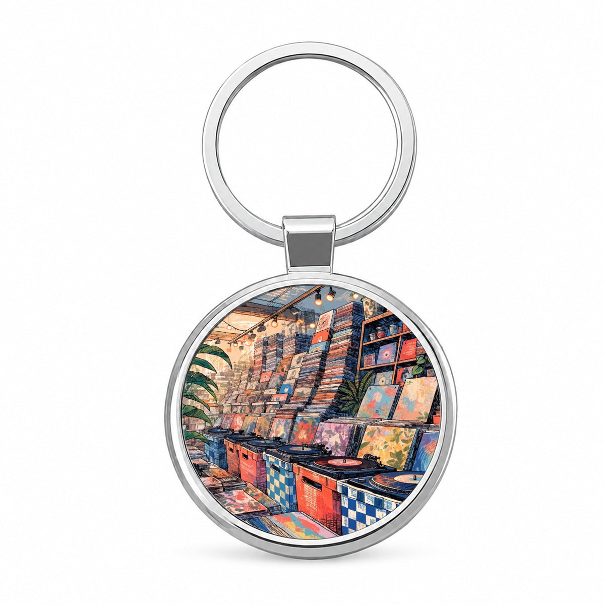 Cozy Record Store Round Metal Keychain