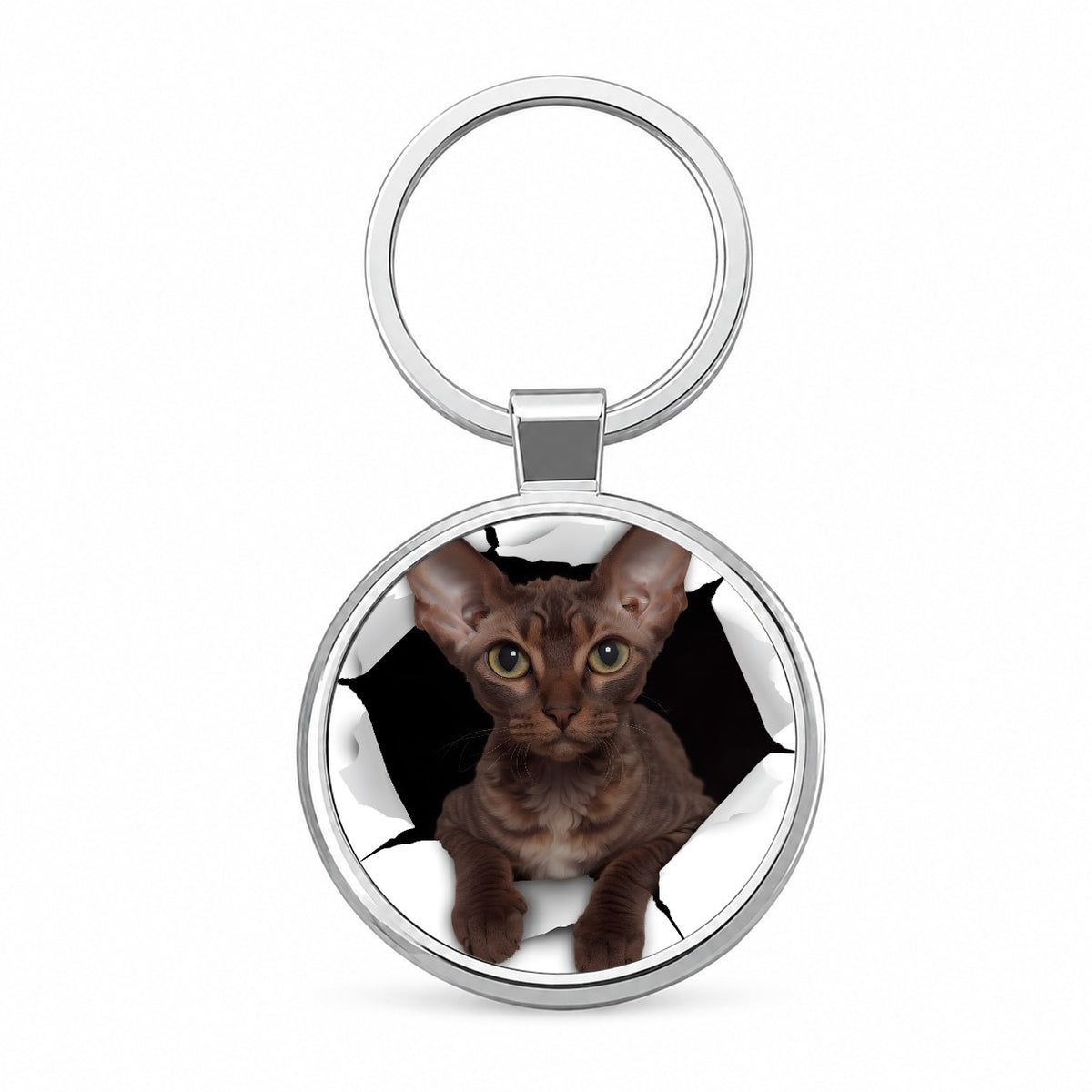 Devon Rex Cat Breakout Round Metal Keychain