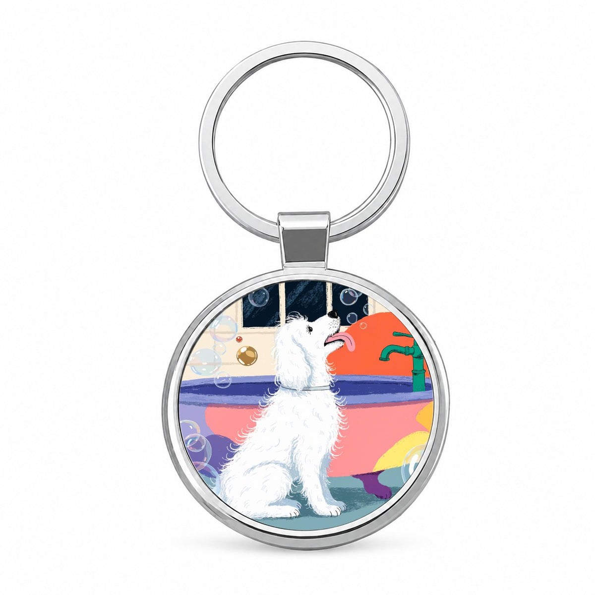 Dog Groomer Bubble Bath Round Metal Keychain
