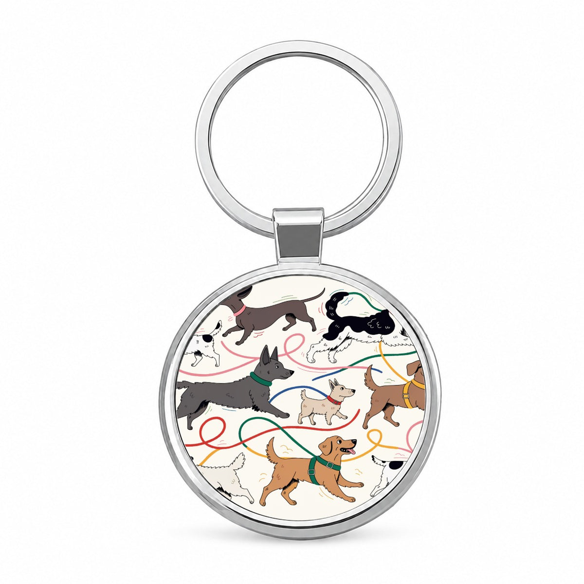Dog Walk Chaos Round Metal Keychain