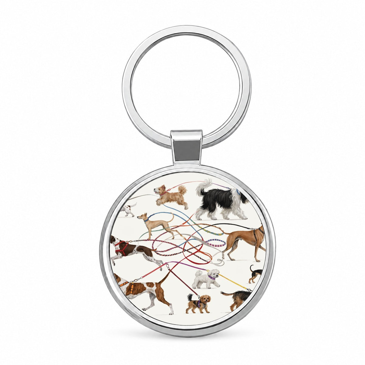 Dog Walking Fun Round Metal Keychain