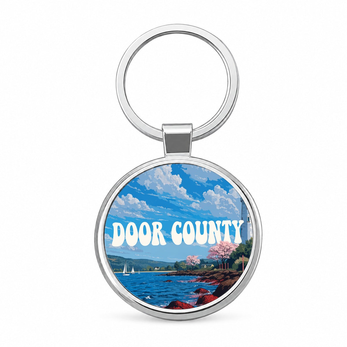 Door County Wisconsin Travel Round Metal Keychain