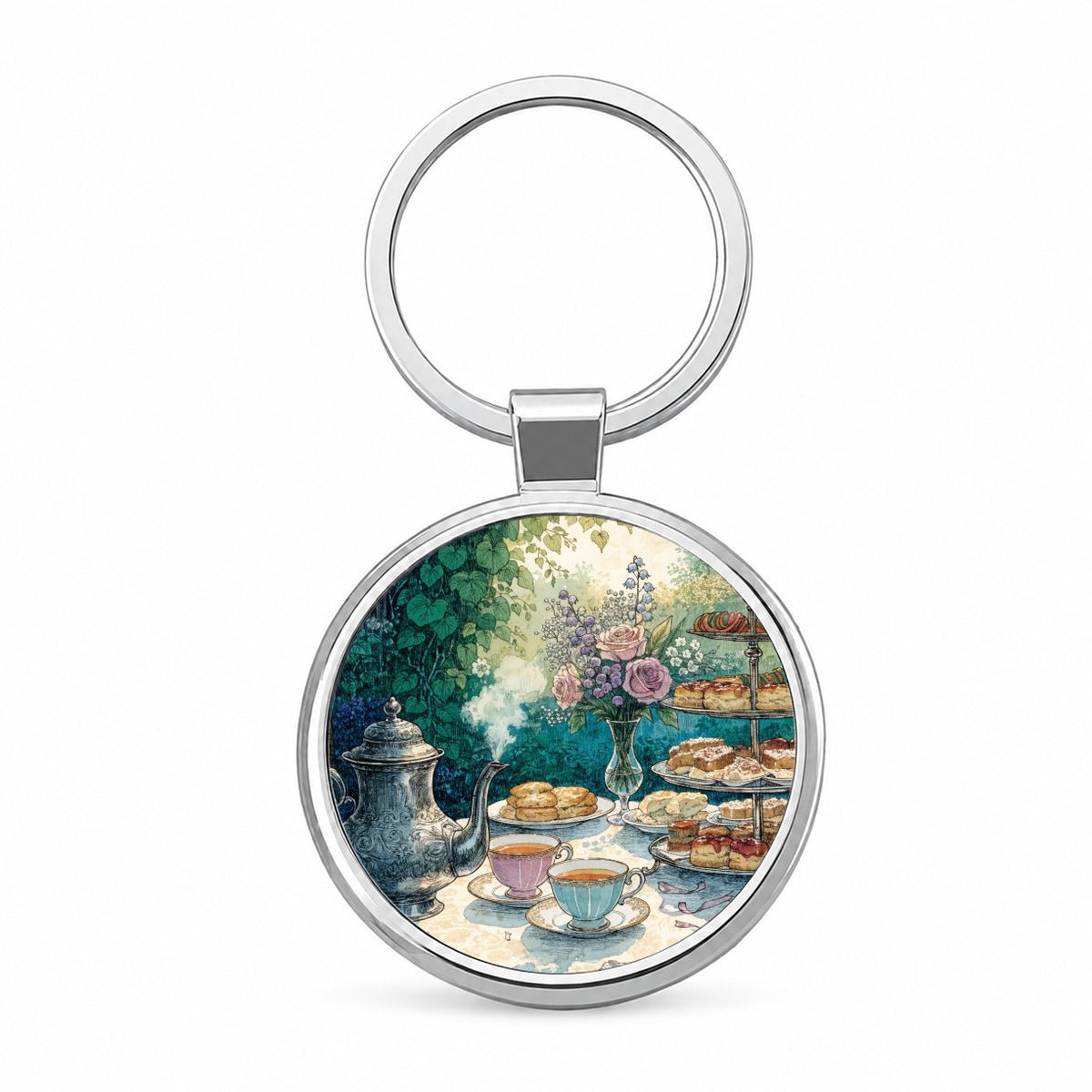 Elegant Afternoon Tea Pot Scones Round Metal Keychain