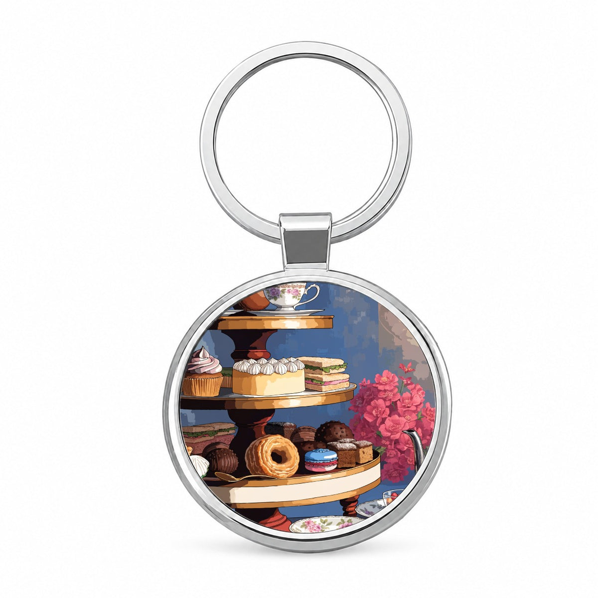 Elegant Afternoon Tea Round Metal Keychain