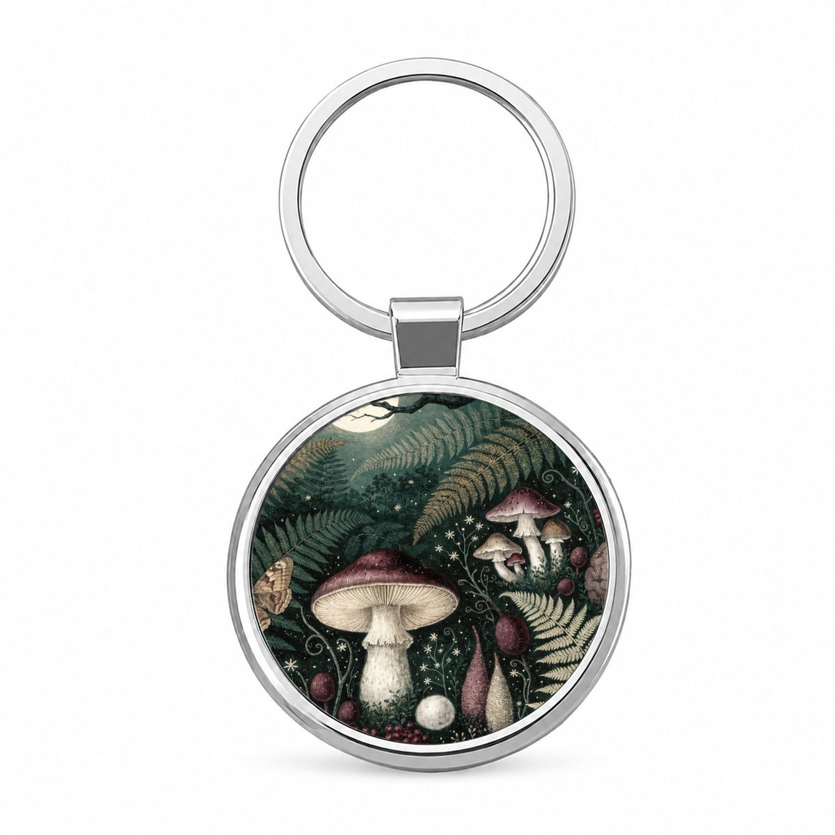 Enchanted Forest Floor Mushrooms Ferns Round Metal Keychain