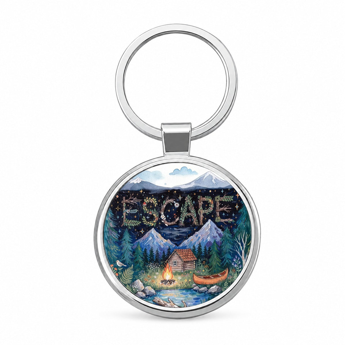 Escape Cozy Cabin Campfire Round Metal Keychain