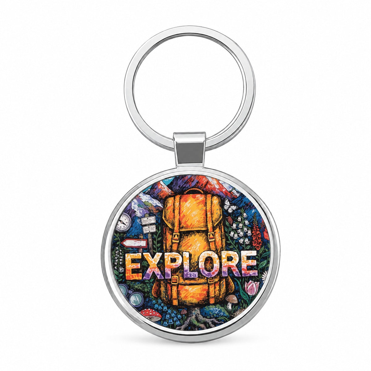 Explore Hiking Backpacking Illustration Round Metal Keychain