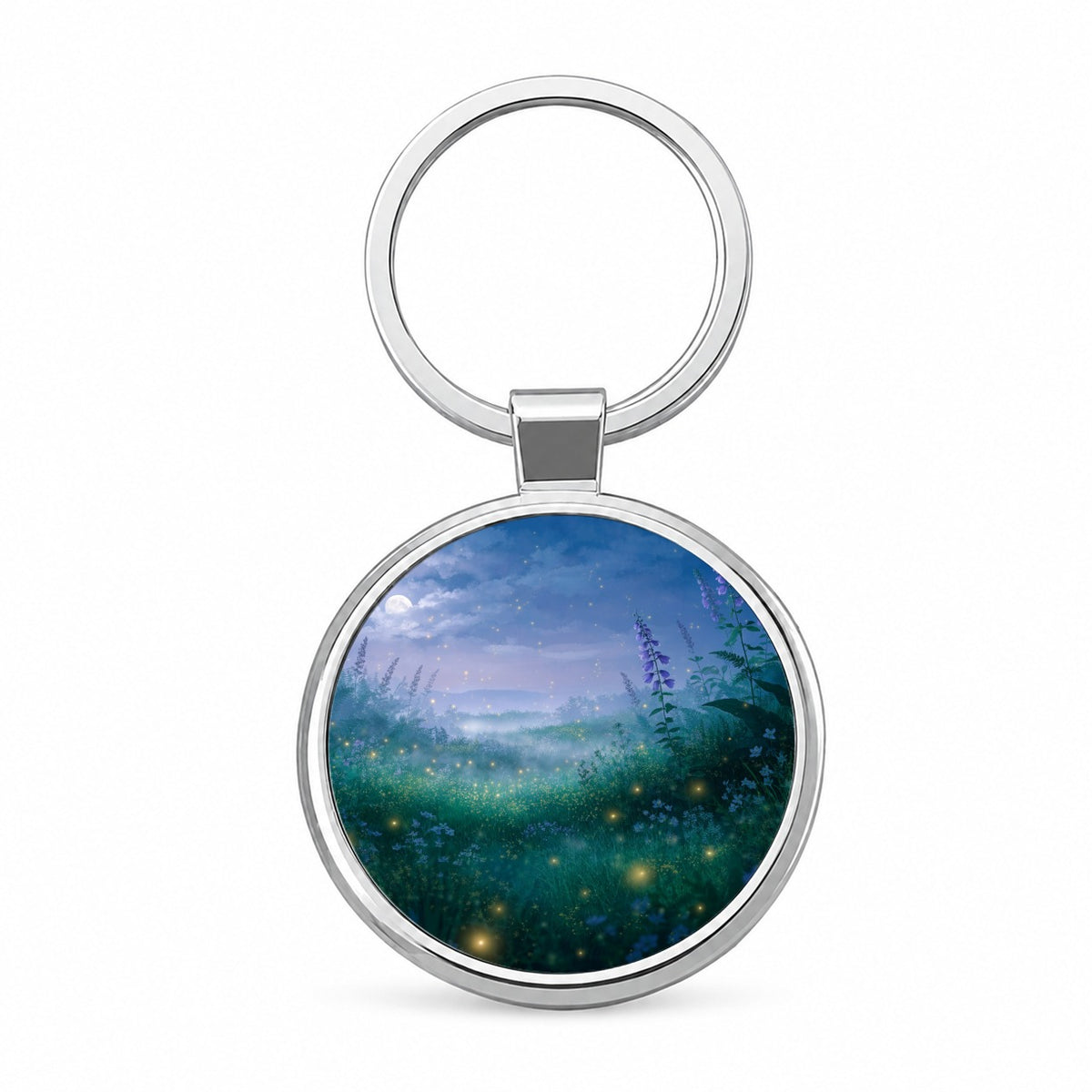Fireflies Moonlit Wildflower Meadow Round Metal Keychain