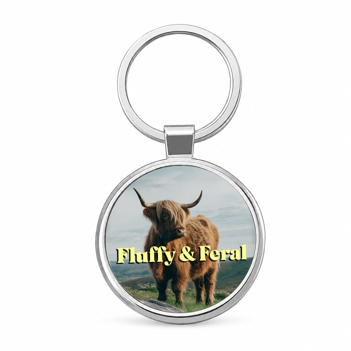 Fluffy Feral Highland Cow Funny Round Metal Keychain