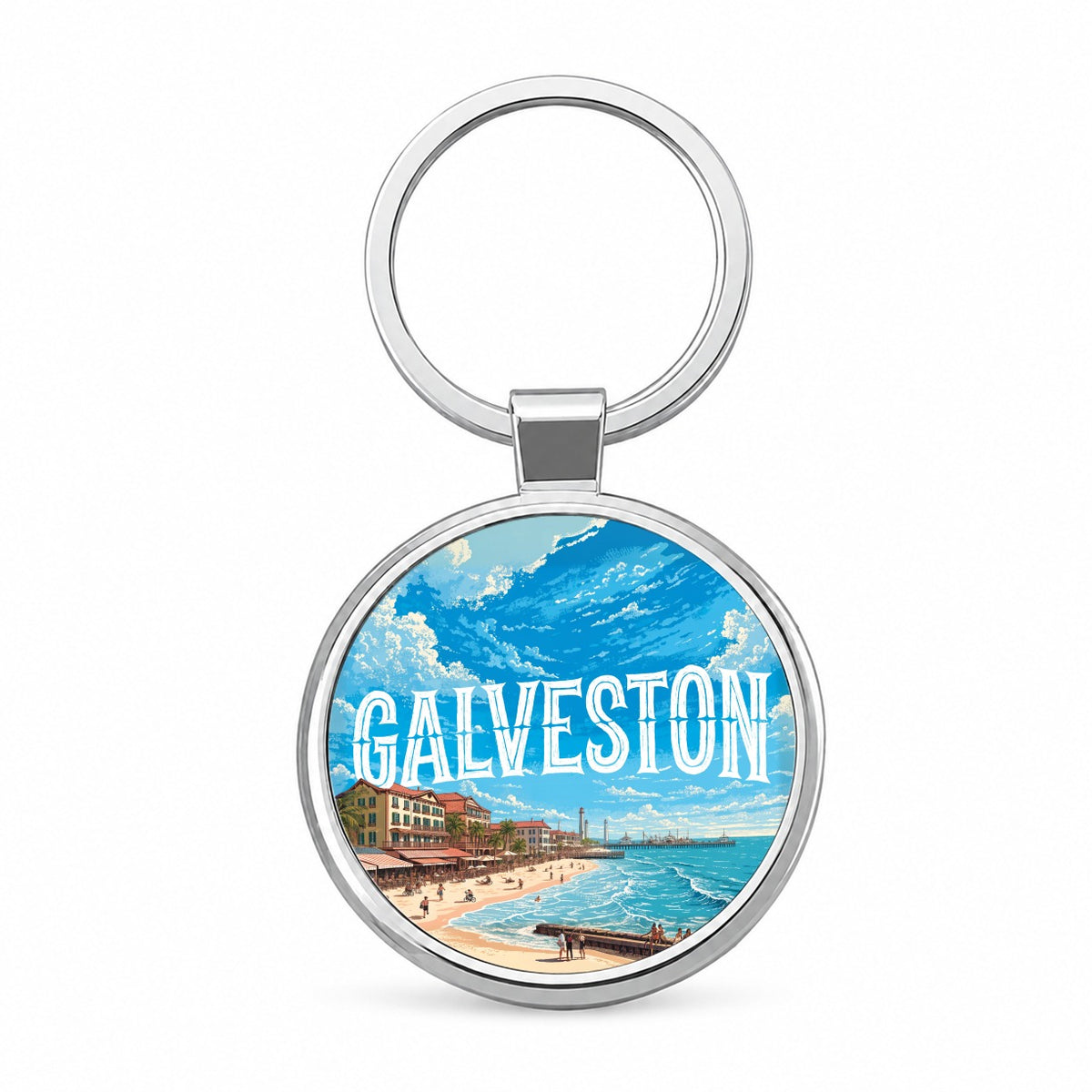 Galveston Texas Travel Round Metal Keychain