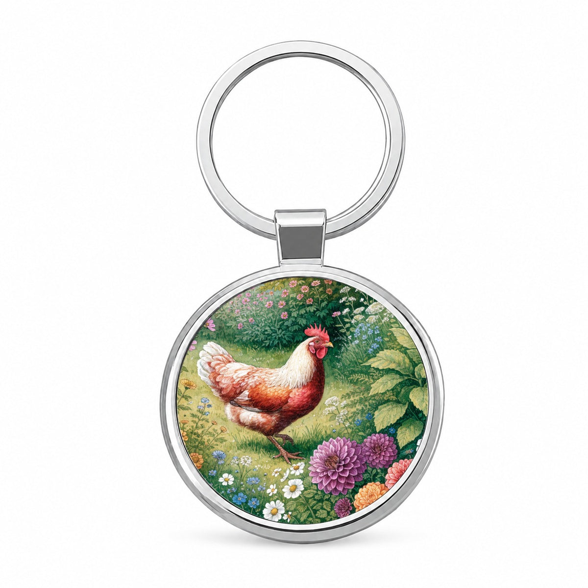 Garden Chicken Wildflowers Round Metal Keychain