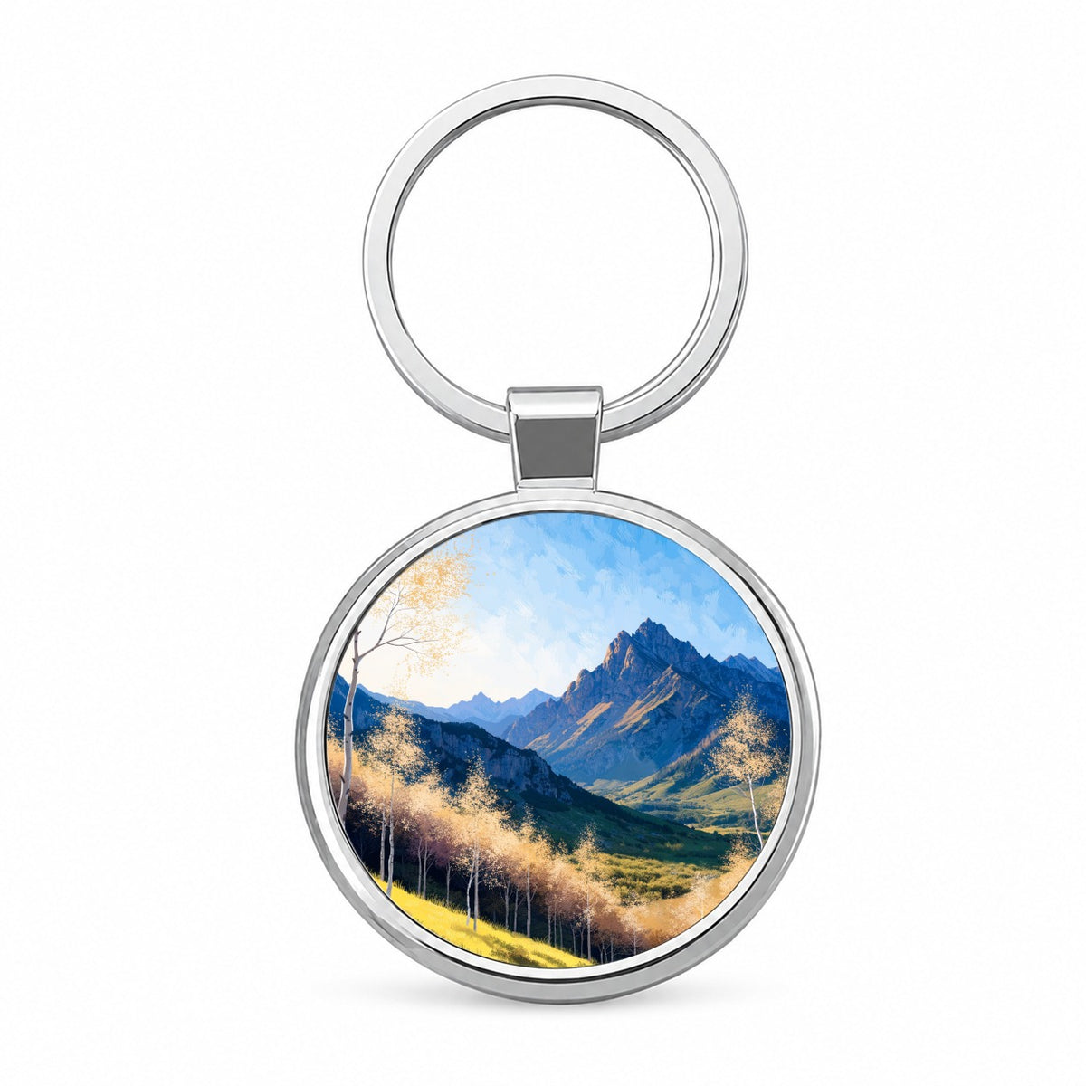 Golden Aspen Mountain Forest Round Metal Keychain