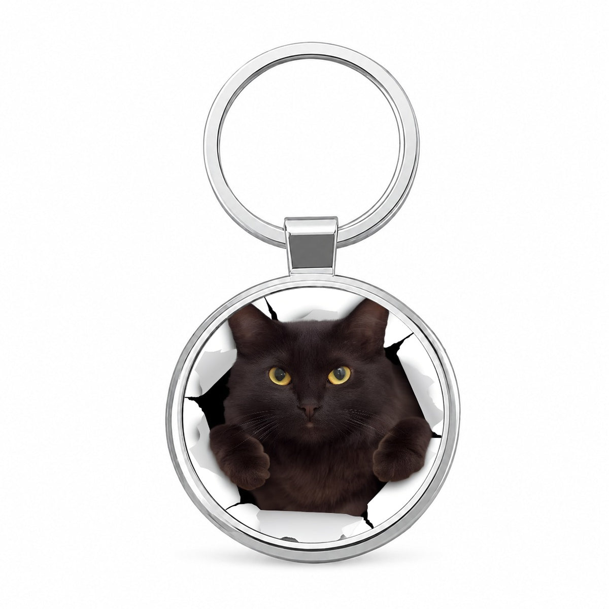 Gray Cat Breakout Round Metal Keychain