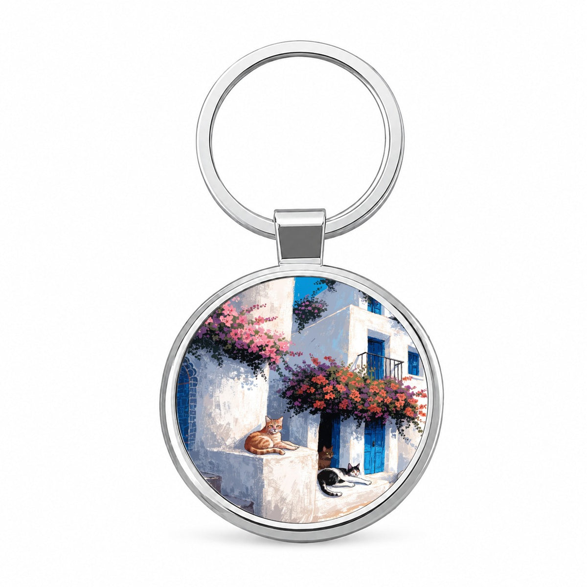 Greek Island Cats Round Metal Keychain