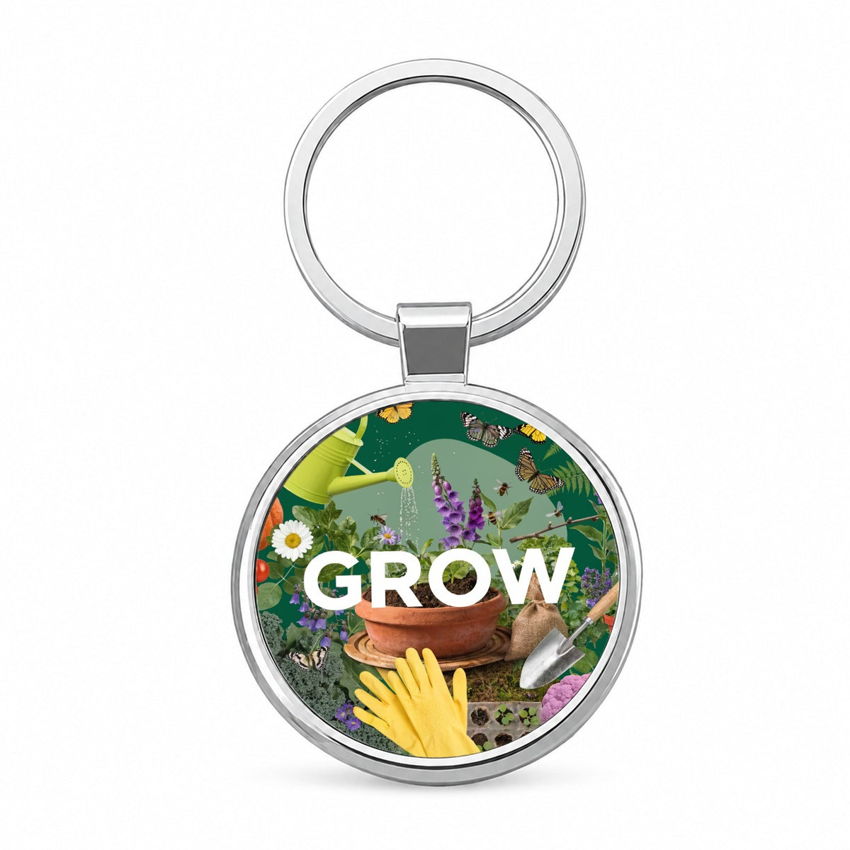 Grow Gardening Gardener Tools Round Metal Keychain