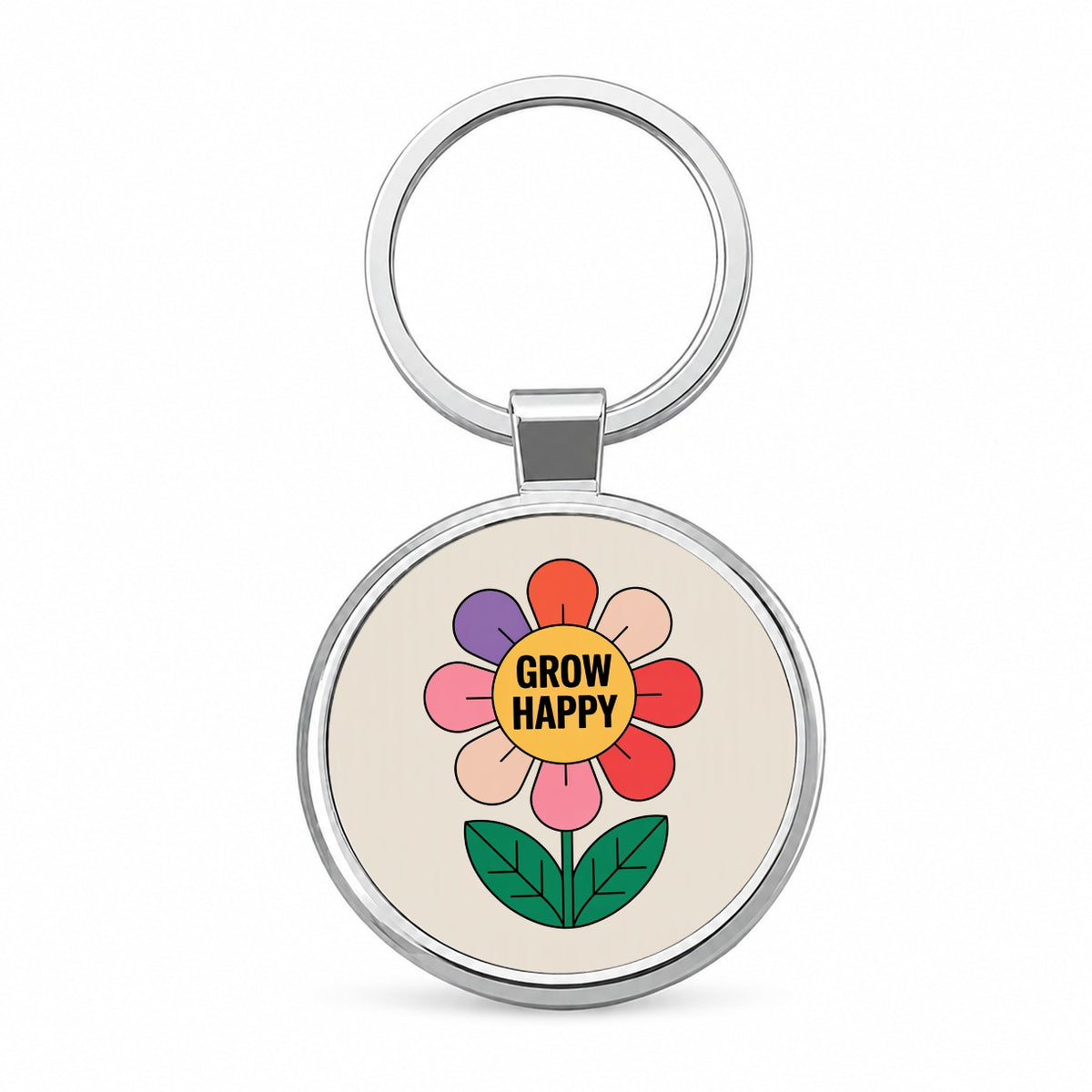 Grow Happy Cheerful Flower Gardener Round Metal Keychain
