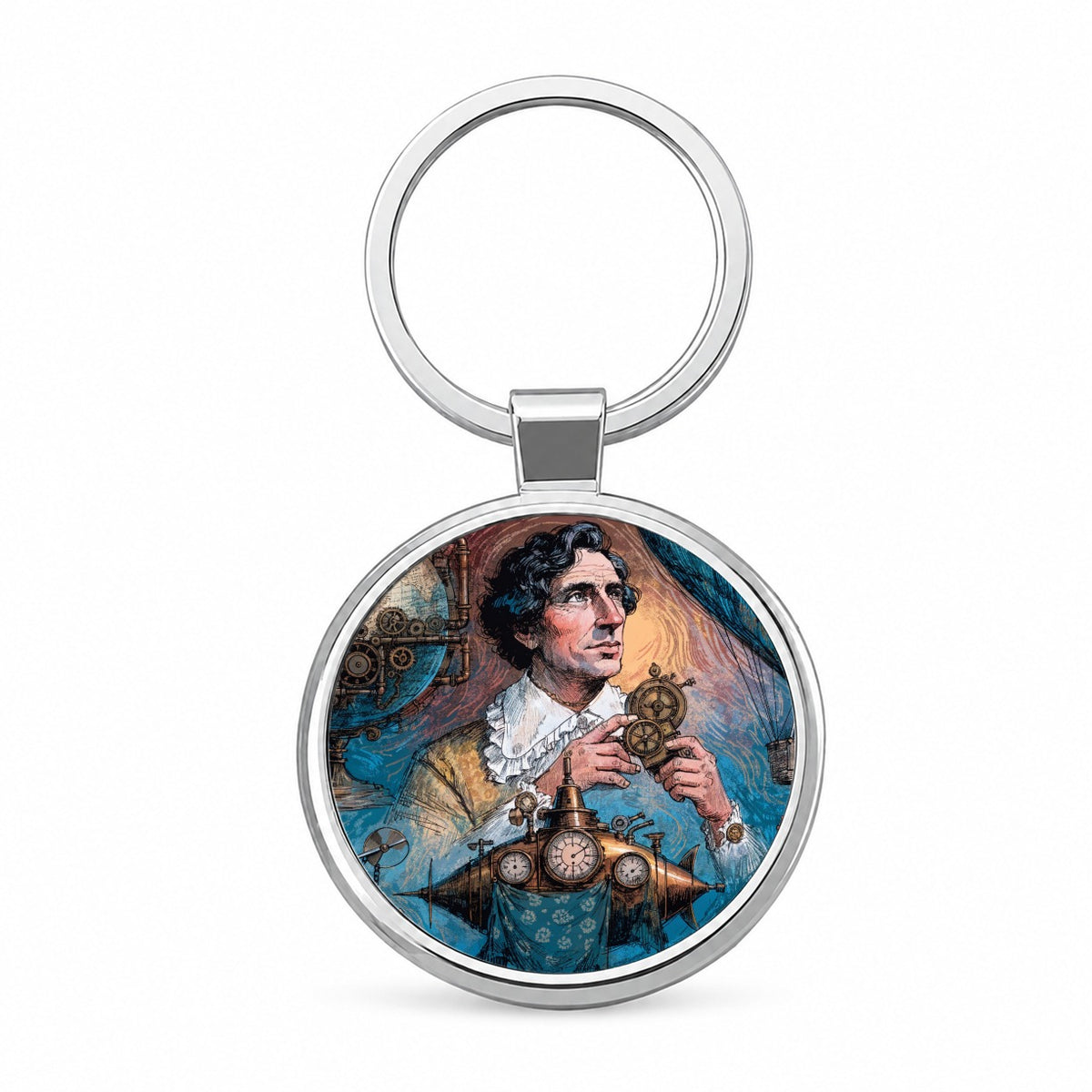 Jules Verne Author Round Metal Keychain