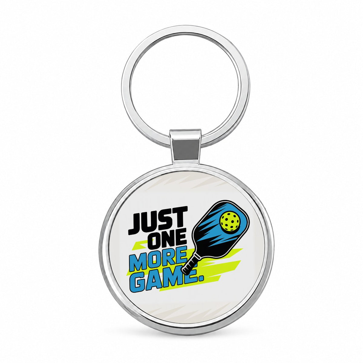 Just One More Game Sporty Pickleball Round Metal Keychain