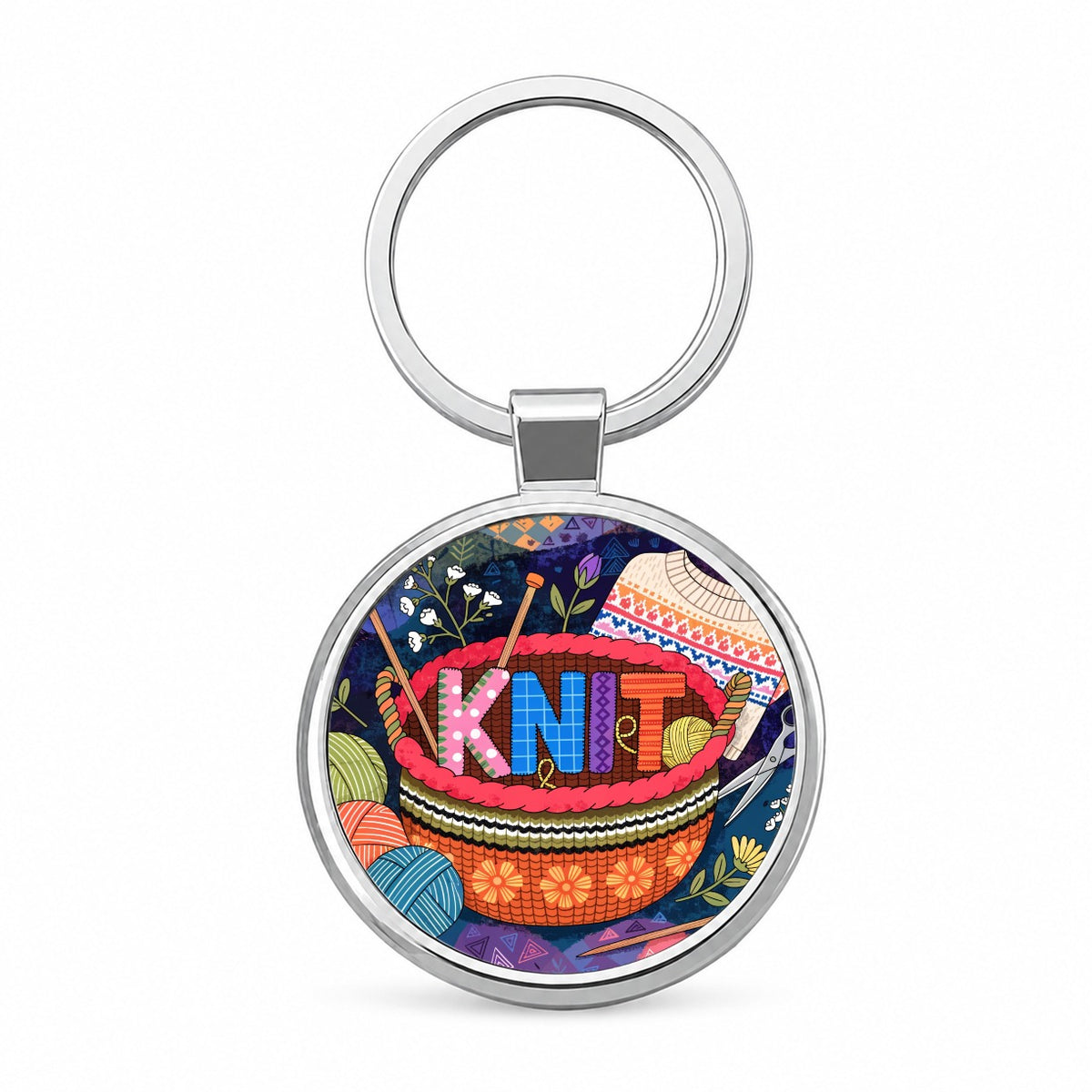 Knit Knitting Colorful Yarn Basket Round Metal Keychain