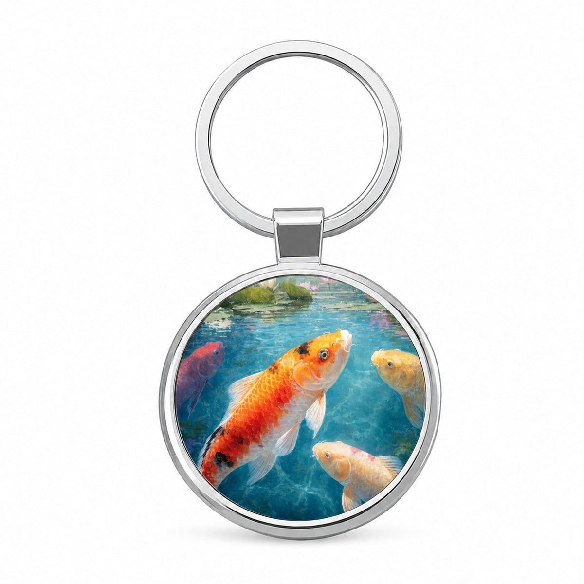 Koi Water Lily Pond Round Metal Keychain
