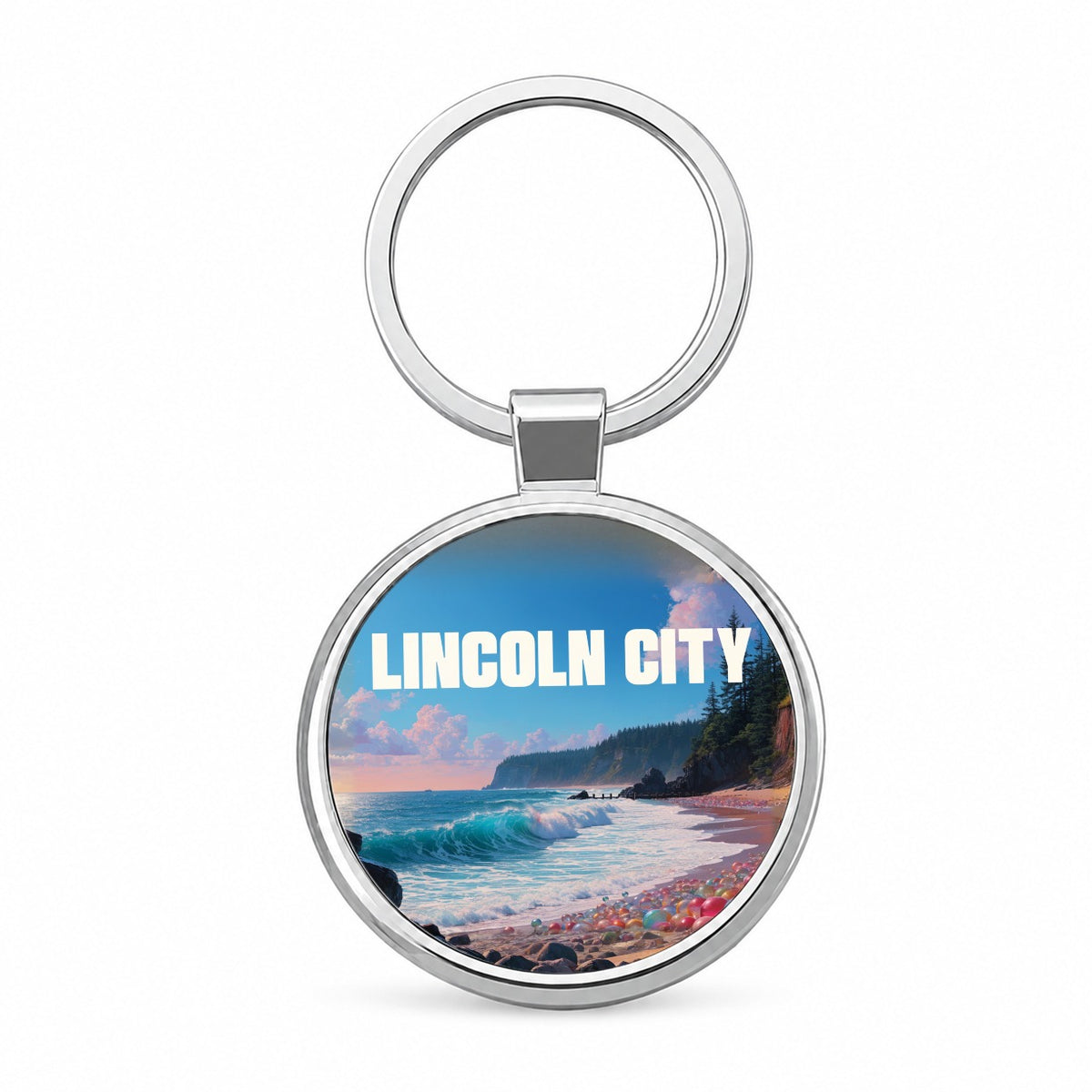 Lincoln City Oregon Travel Round Metal Keychain