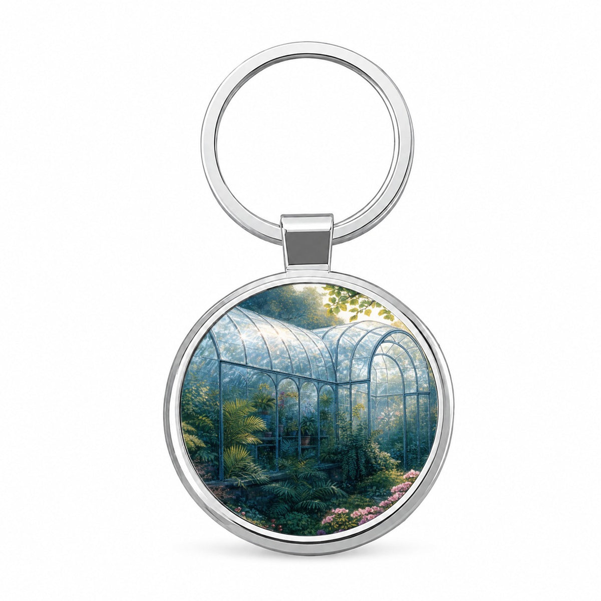 Lush Garden Glass Conservatory Round Metal Keychain