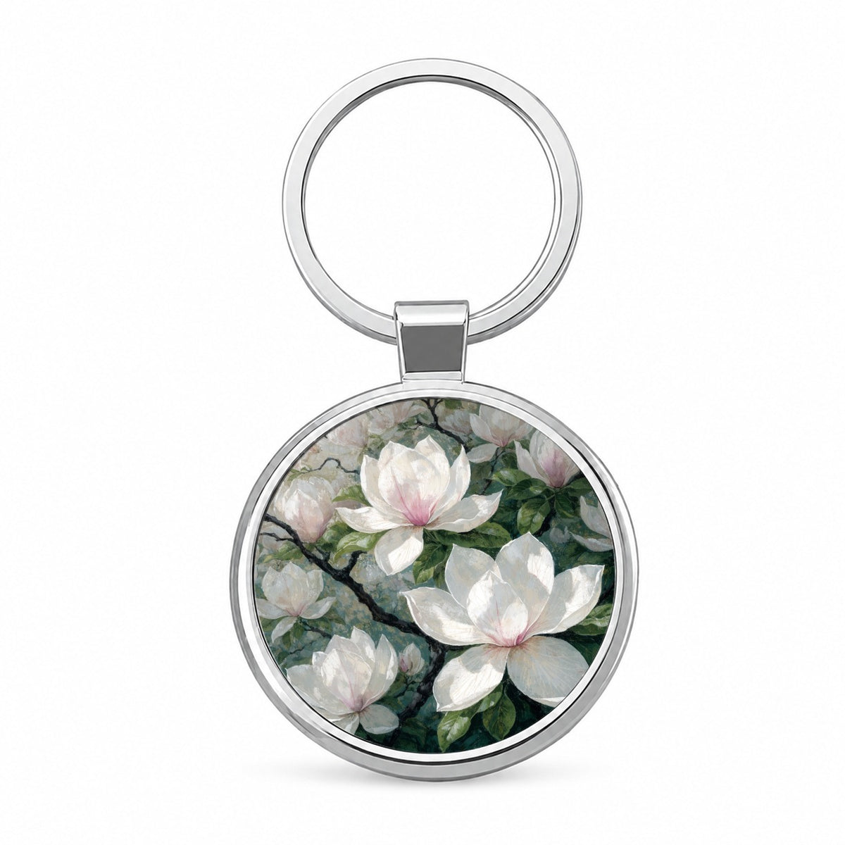 Magnolia Blossom Flowers Round Metal Keychain