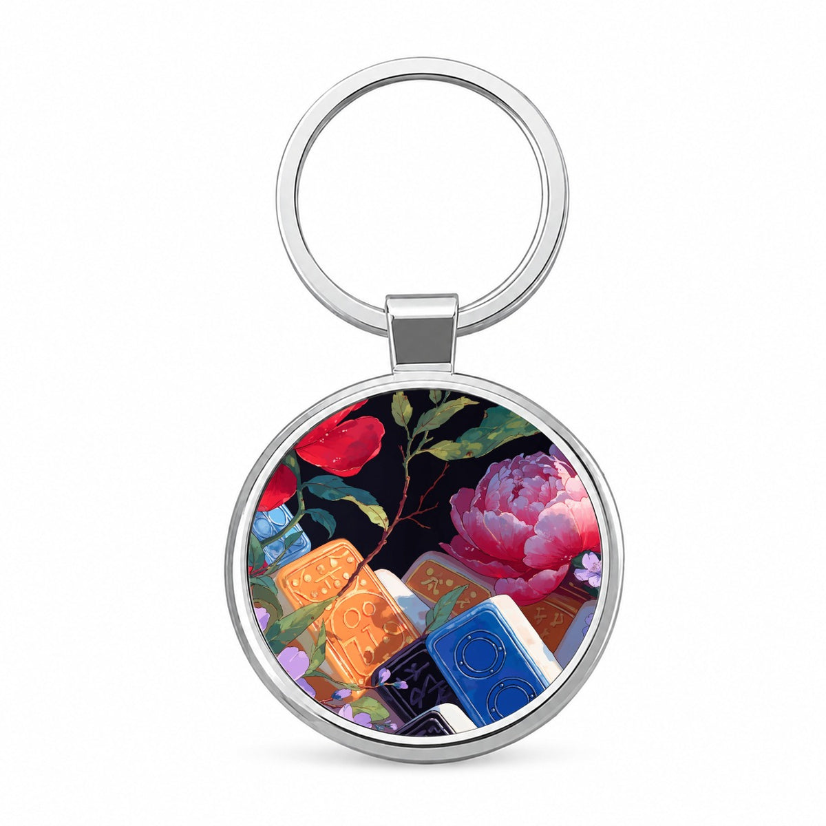 Mahjong Tiles Flowers Round Metal Keychain