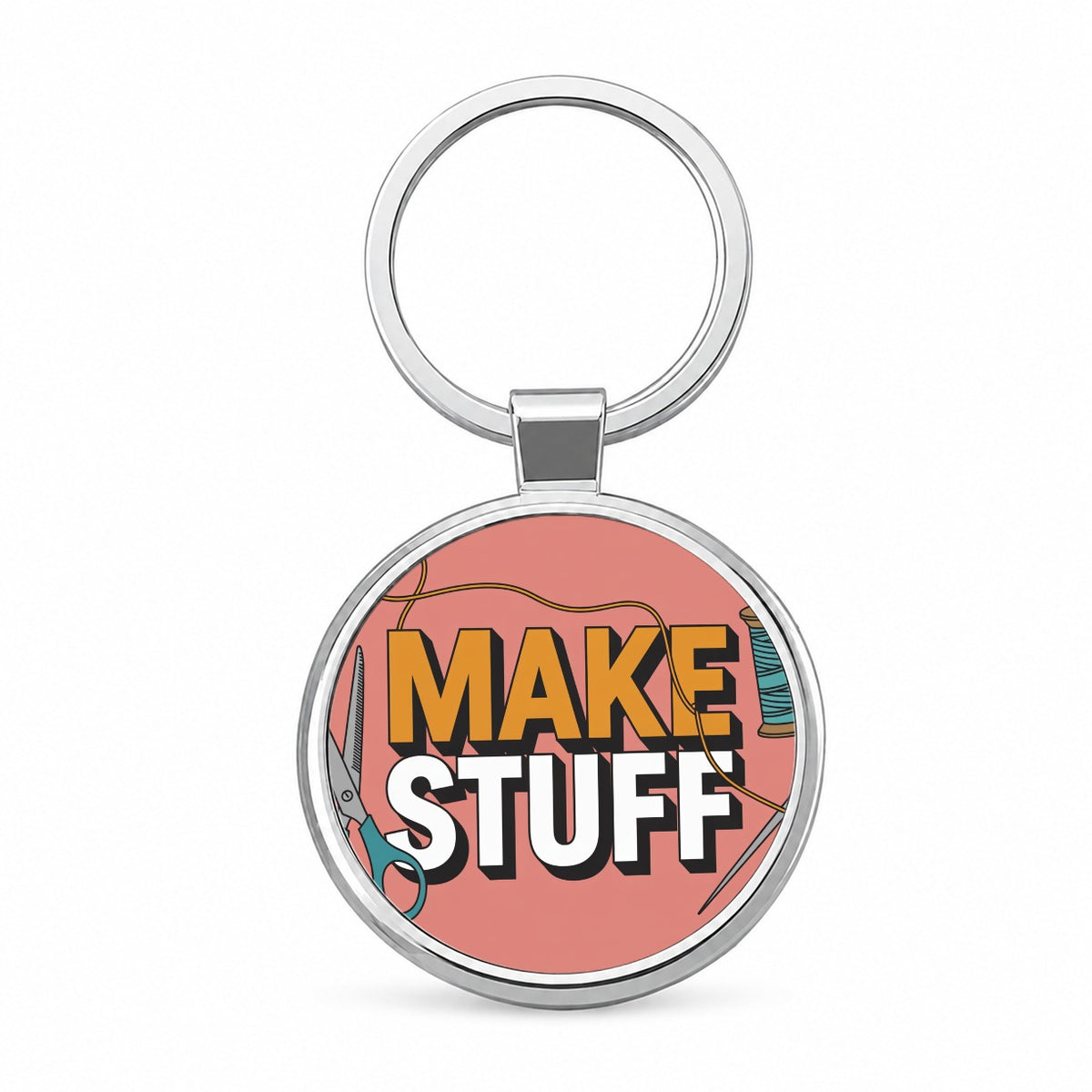 Make Stuff Scissors Thread Sewing Crafter Round Metal Keychain