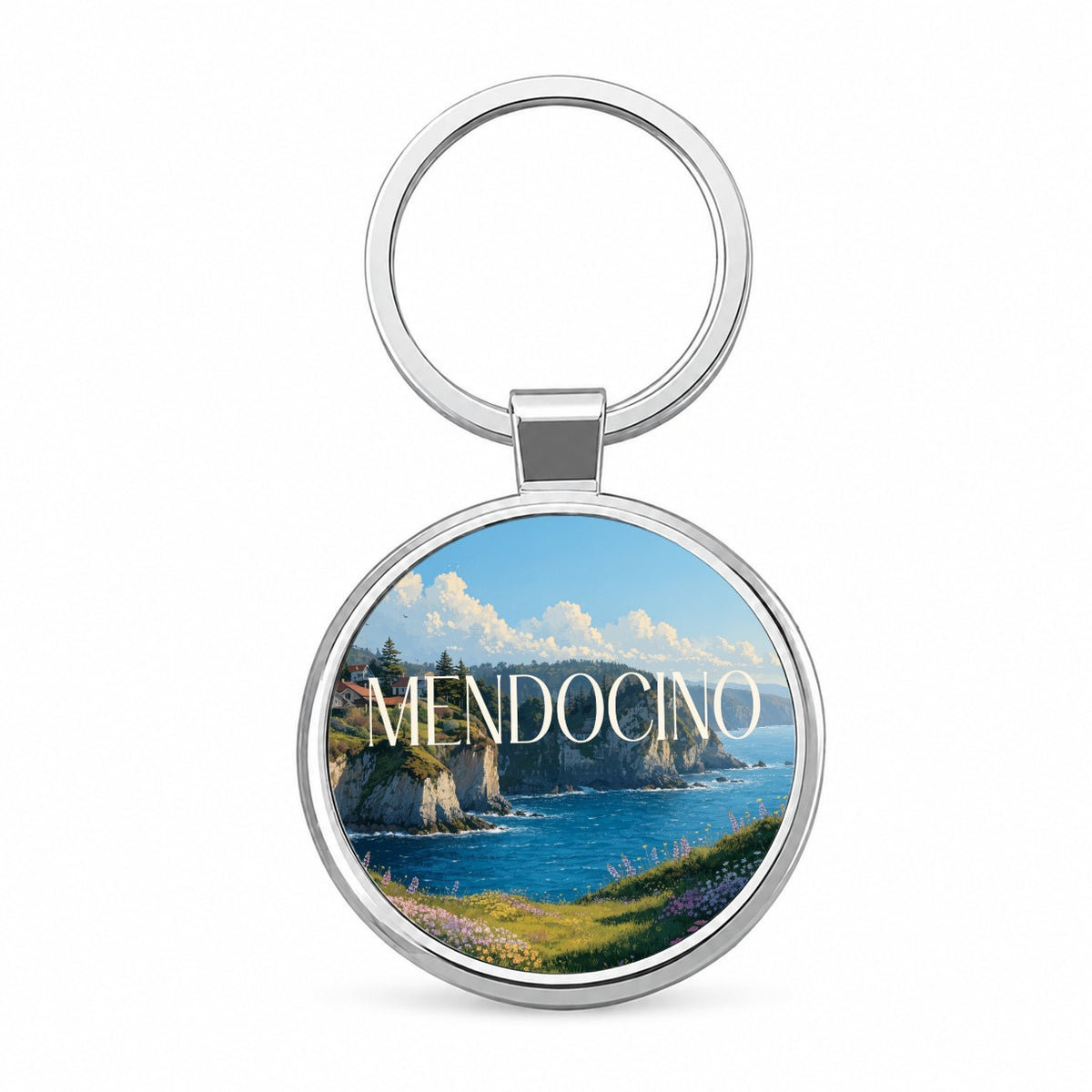 Mendocino California Round Metal Keychain