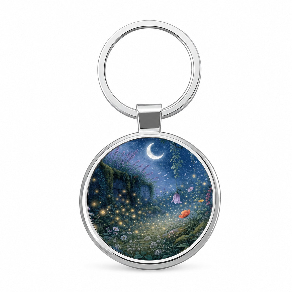 Moonlit Firefly Garden Round Metal Keychain