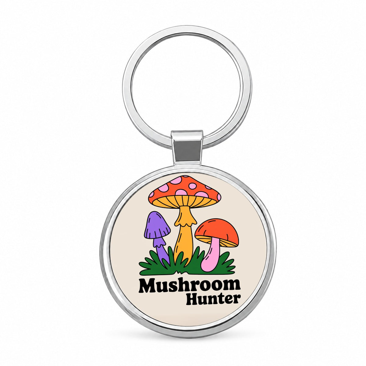 Mushroom Hunter Colorful Woodland Round Metal Keychain