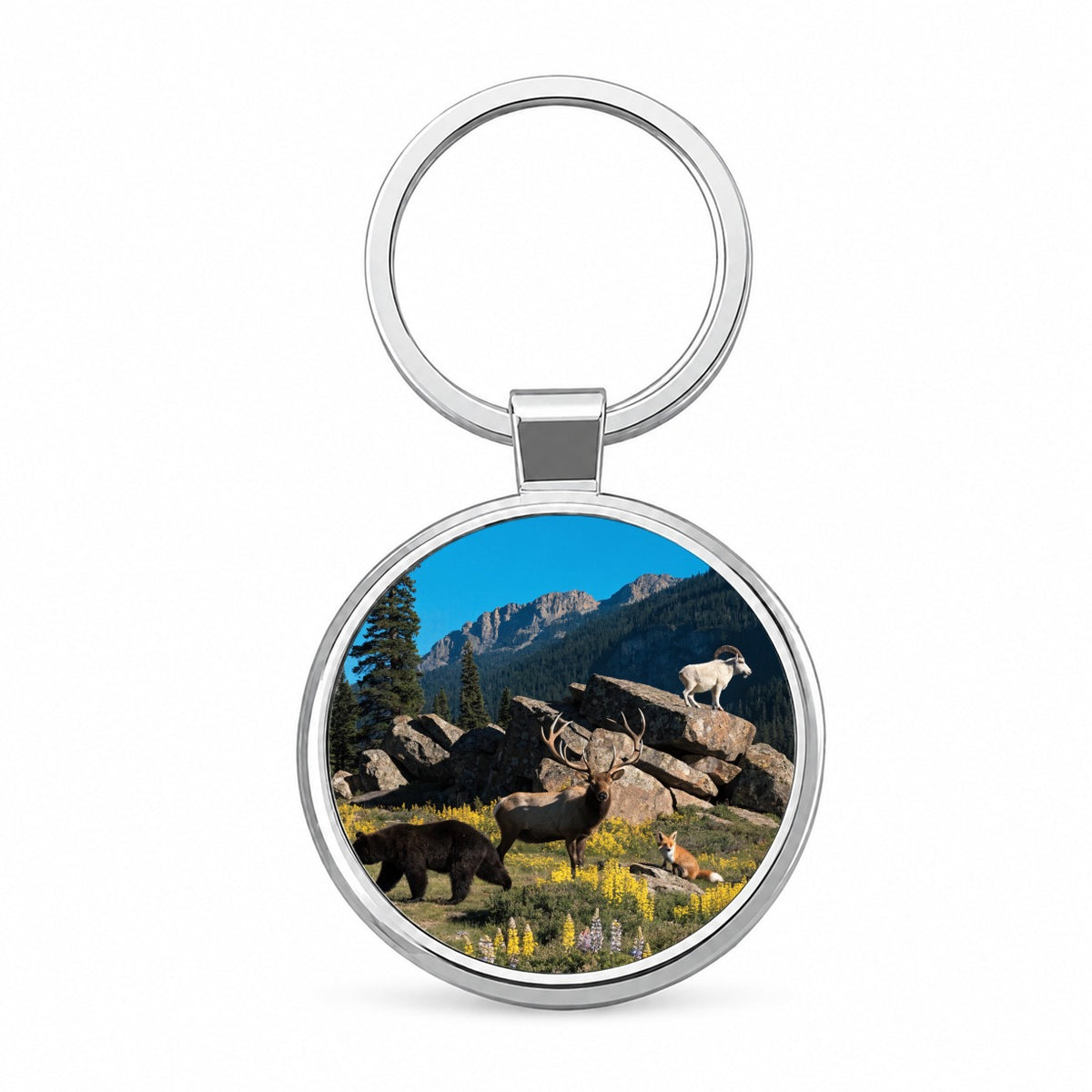National Park Animals Photo Bear Elk Fox Goat Round Metal Keychain