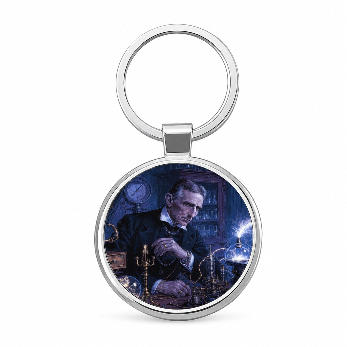 Nikola Tesla Inventor Round Metal Keychain